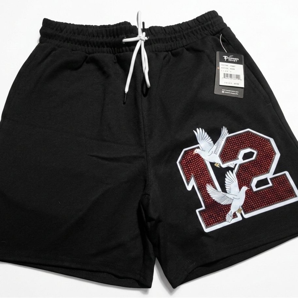 Men's Black Athletic Shorts with Red '12' Graphic and White Doves- L